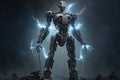 Rise of machines, robot and lightening. Cyborg portrait on dark background, generative ai design