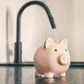 the rise in price of housing and communal services. Metal tap and piggy bank on sink. Water saving concept Royalty Free Stock Photo