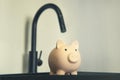 the rise in price of housing and communal services. Metal tap and piggy bank on sink. Water saving concept Royalty Free Stock Photo