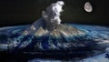 Rise in sea level, flooding of most of the land. Remaining volcano erupts against the sea and starry sky with the moon.