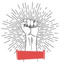 Rised fist hand gesture emblem. Vector hand clenched into fist and rising up, symbol isolated on white background. Power