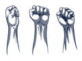 Rised fist hand gesture monochrome drawn emblems. Vector hand clenched into fist and rising up, symbols isolated on