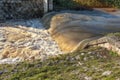 Rised water level in the creek after snow melted. Flood risk. Global warming concept