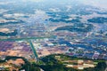 Risefields and other agriculture meadow are in Japanese countryside. Aerial view