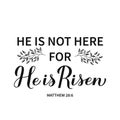 He is risen calligraphy hand lettering. Bible Quote Matthew 28 6 typography poster. Easy to edit vector template for Easter