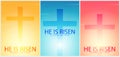 He is Risen. Celebrate the savior. Set of Easter Church posters with cross, christian motive. Vector illustration.