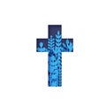 He Is Risen. Easter Banner. Christian cross with flowers in paper cut style on blue background. Circle frame. Holy