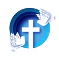 He Is Risen. Easter Banner. Christian cross in paper cut style on blue background. Circle frame. Pigeons. Holy Easter.