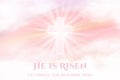 He Is Risen - Easter banner. Christian religious background with dawn heaven and white clouds and shining Cross. Vector