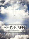 He is risen. Jesus Christ. Text over the sky with sun rays and fluffy clouds background Royalty Free Stock Photo