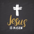 He is risen, lettering religious sign with crucifix symbol. Hand drawn Christian cross, grunge textured retro badge, Vintage label Royalty Free Stock Photo