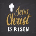 He is risen, lettering religious sign with crucifix symbol. Hand drawn Christian cross, grunge textured retro badge, Vintage label Royalty Free Stock Photo