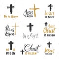 He is risen, lettering set religious signs with crucifix symbols. Hand drawn Christian cross, grunge textured retro badge, Vintage Royalty Free Stock Photo