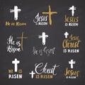 He is risen, lettering set religious signs with crucifix symbols. Hand drawn Christian cross, grunge textured retro badge, Vintage Royalty Free Stock Photo