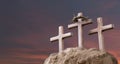 He is risen. Wood cross on sunset sky background with copy space for inscription. Jesus Christ Resurrection. Christian Easter