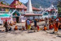 Rishikesh, India - 29.03.2023: Hindu pilgrims near a temple in Rishikesh, Uttarakhand.