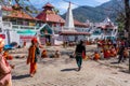 Rishikesh, India - 29.03.2023: Hindu pilgrims near a temple in Rishikesh, Uttarakhand.