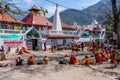 Rishikesh, India - 29.03.2023: Hindu pilgrims near a temple in Rishikesh, Uttarakhand.