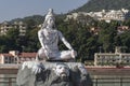 Statue of Shiva, Hindu idol near Ganges River water, Rishikesh, India. The first Hindu God Shiva. Sacred places for pilgrims Royalty Free Stock Photo