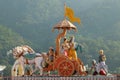 View of statues in hinduist temple Shri Makar Vahani Ganga Jee and Sita Ram Dham Ashram on the riverbank of Ganga in Rishikesh