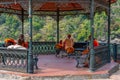 Rishikesh, Uttarakhand, India - 28.03.2023: Group of bearded pilgrim in orange clothes.