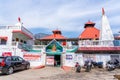 Rishikesh, Uttarakhand, India - 28.03.2023: Hindu temple in holy yoga city Rishikesh, exterior architecture hindu temple