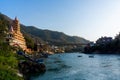 Rishikesh, Uttarakhand, india - 27.03.2023: Rishikesh city center with temples of yoga and clear river Ganga.