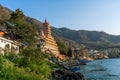 Rishikesh, Uttarakhand, india - 27.03.2023: Rishikesh city center with temples of yoga and clear river Ganga.