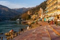 Rishikesh, Uttarakhand - 27.03.2023: yoga city in India, Gange River Ganga Ram Jhoola Jula landscape. Yoga Capital of