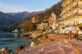 Rishikesh, Uttarakhand - 27.03.2023: yoga city in India, Gange River Ganga Ram Jhoola Jula landscape. Yoga Capital of