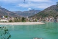 Rishikesh, Uttarakhand - 27.03.2023: yoga city in India, Gange River Ganga Ram Jhoola Jula landscape. Yoga Capital of