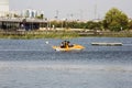 RISHON LE ZION, ISRAEL -APRIL 14, 2018: People ride on pedal boats or paddle boats at the lake in Rishon Le Zion, Israel Royalty Free Stock Photo