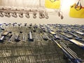 RISHON LE ZION, ISRAEL- DECEMBER 16, 2017: A large group of IKEA shopping carts lined up in rows in trolleys area of IKEA. Royalty Free Stock Photo