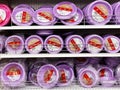 RISHON LE ZION, ISRAEL- FEBRUARY 2, 2018: Plastic disposable tableware is sold in the store. Purple disposable plates. Royalty Free Stock Photo