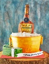 Pie in the form of a bottle of cognac in an ice bucket and packs of dollars