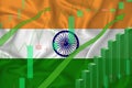 Rising against the background of the flag of India and rising prices for the currency of the country. Rising stock prices of