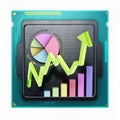 Rising arrow, pie chart and sales graphs on generic microprocessor. 3D illustration Royalty Free Stock Photo