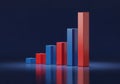 Rising bar chart illustrating growth and progress with red and blue bars on a dark reflective surface Royalty Free Stock Photo
