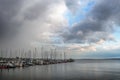 Rising clouds over the marina with sailboats in the tourist resort Rerik at the Baltic Sea in Mecklenburg-Western Pomerania,