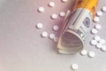 Rising cost of health care with spilled medicine. Drug abuse. Addiction. Royalty Free Stock Photo