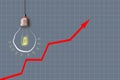 Rising electricity prices. A light bulb and a graph with an up arrow on a gray background. Copy space. World crisis. Business