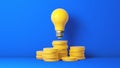 Rising Energy Cost Concept. Light bulb on Top of a Stack of Yellow Gold Coins on Blue Studio Background.