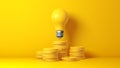 Rising Energy Cost Concept. Light bulb on Top of a Stack of Yellow Gold Coins on Yellow Studio Background.