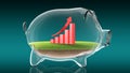 Rising financial graph inside transparent piggy bank. 3d rendering