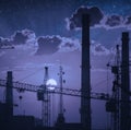 Rising of the full moon over the industrial landscape Royalty Free Stock Photo
