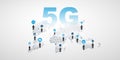 Rising 5G Network Label with 3D World Map, People and Icons - High Speed Broadband Mobile Telecommunication and Wireless Internet Royalty Free Stock Photo