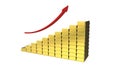 Rising gold prices concept. Red arrow above gold ingots. 3D-rendering Royalty Free Stock Photo