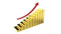 Rising gold prices concept. Red arrow above gold ingots. 3D-rendering Royalty Free Stock Photo