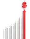 Rising group of arrows with red leader to dollar Royalty Free Stock Photo