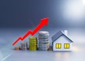 Rising house prices. Red arrow up, coins and a private house. Real estate crisis. Mortgage rates have been raised. Graph Royalty Free Stock Photo